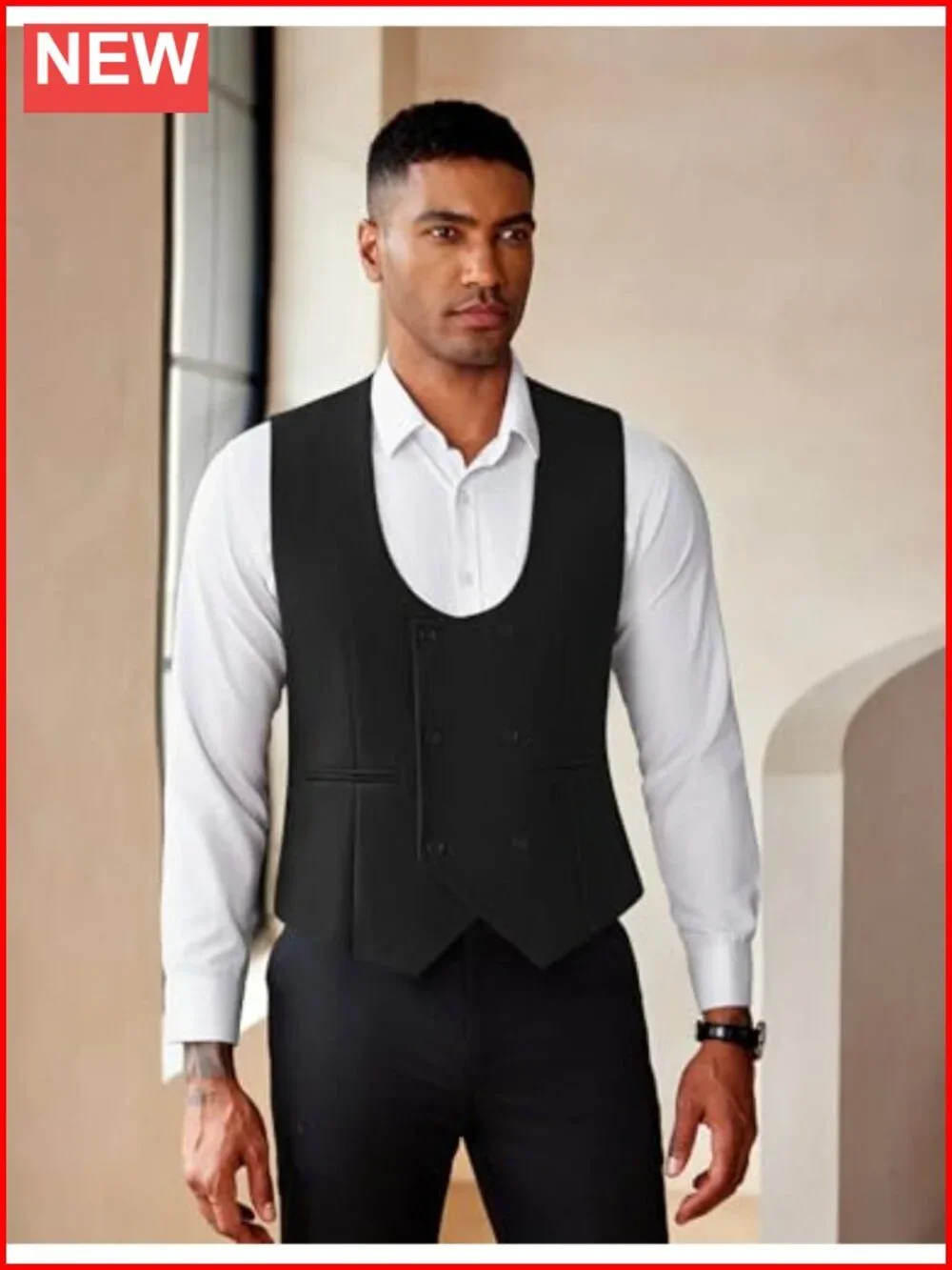 Mens Slim Fit Double Breasted Suit Vest Waistcoat U-Neck Formal
